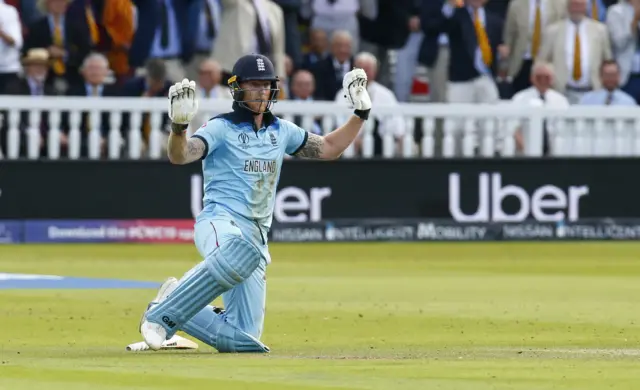 England's Ben Stokes holds his hands up during the 2019 World Cup final against New Zealand to signal that a deflection off his bat was unintentional