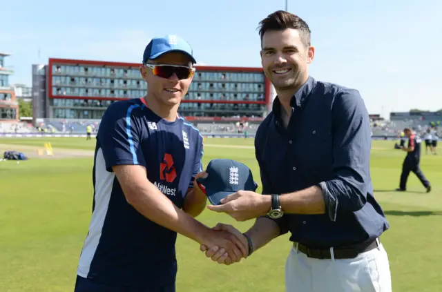 Sam Curran is presented with his ODI cap by James Anderson ahead of his debut against Australia at Old Trafford in 2018