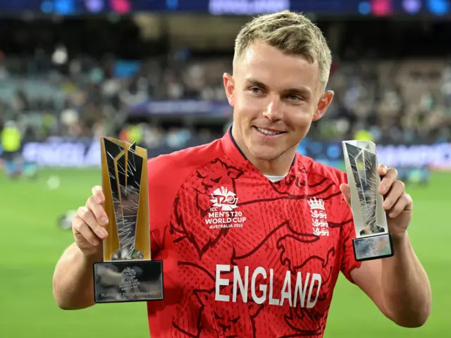 England's Sam Curran celebrates being named player of the tournament and player of the final at the 2022 T20 World Cup