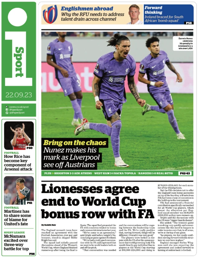 Lead page of i Sport on 22 September 2023