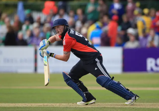 England's Ben Stokes plays a shot during his one-day international debut against Ireland in Dublin in 2011