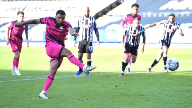 Forest Green's Troy Deeney completes his hat-trick at Notts County from the penalty spot