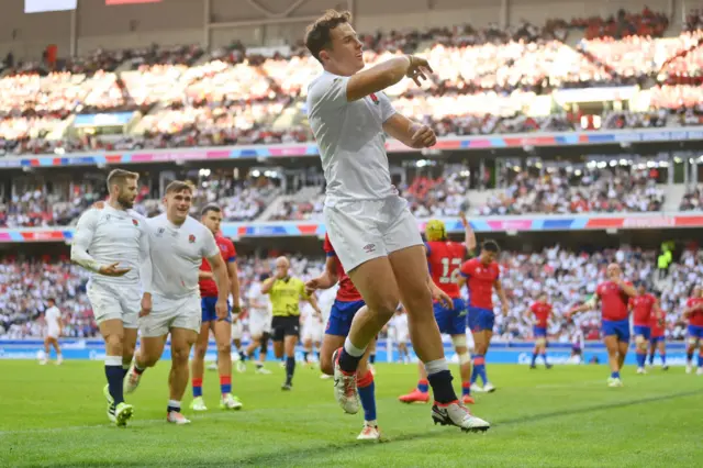 Henry Audrell celebrates scoring a try