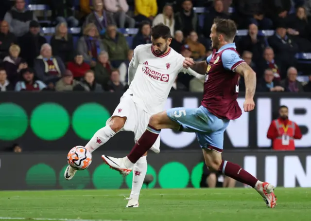 Fernandes smashes the ball first time on the volley beyond trafford.