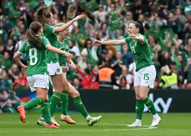 Lucy Quinn celebrates the opening goal