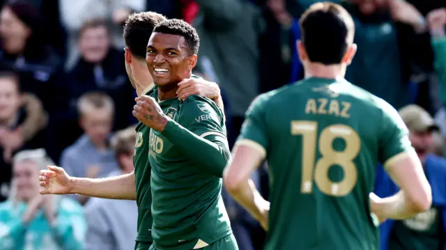 Plymouth celebrate Morgan Whittaker's goal against Norwich