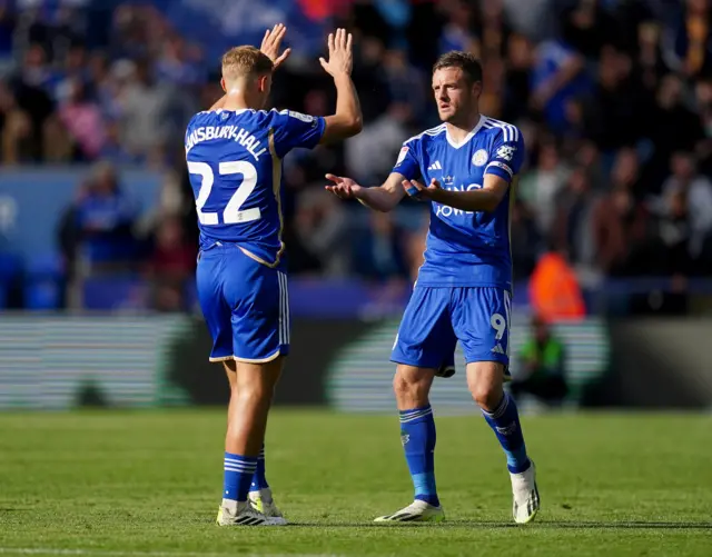 Jamie Vardy celebrates scoring against Bristol City