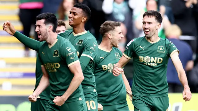 Plymouth celebrate a goal in their win over Norwich