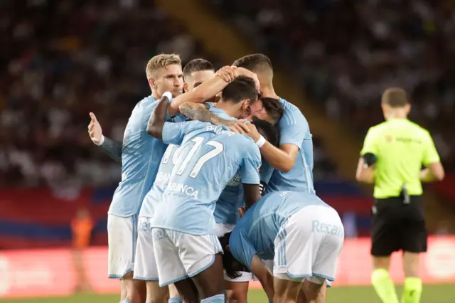 Celta Vigo's players celebrate the 0-2 goal during the Spanish LaLiga soccer match between FC Barcelona and RC Celta Vigo, in Barcelona, Spain, 23 September 2023.