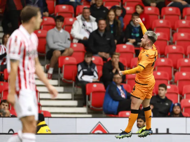 Aaron Connolly celebates scoring for Hull at Stoke