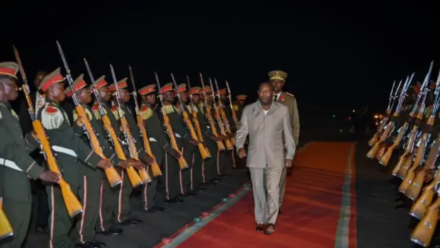 Burundi President Évariste Ndayishimiye inspects a guard of honour after arriving on Sunday 24 September 2023