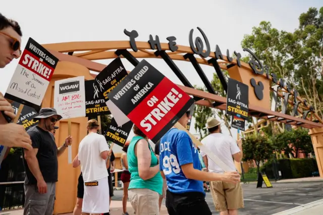 A group of protestors outside Walt Disney Studios in Burbank, California