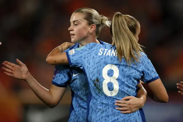 Stanway congratulates Russo on her goal v the Netherlands.