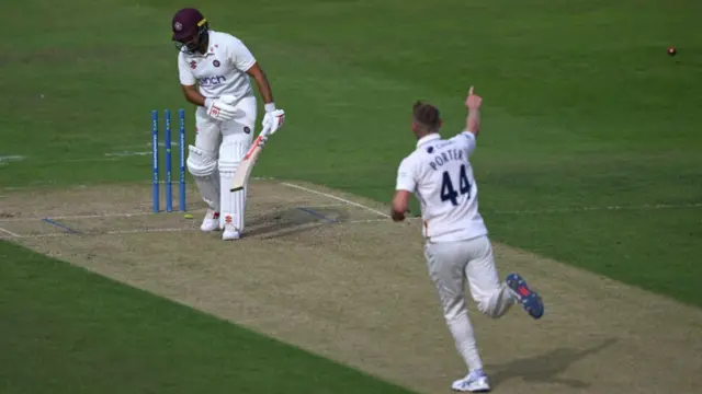 Jamie Porter celebrates taking a wicket for Essex