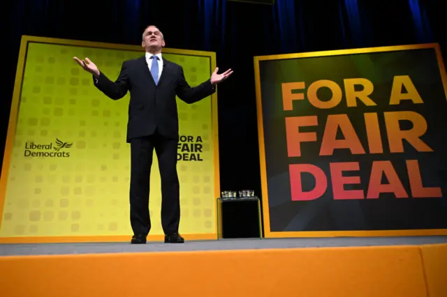 Sir Ed Davey, leader of the Liberal Democrats, he delivers his keynote speech during the Liberal Democrat conference at Bournemouth International Centre on 26 September 2023 in Bournemouth