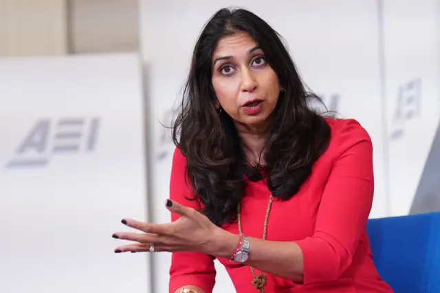 Braverman gestures as she speaks to the American Enterprise Institute in Washington DC today