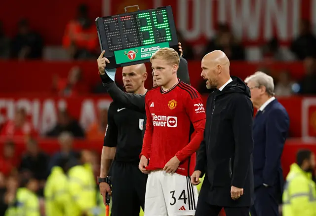 Donny van de Beek of Manchester United is brought on by Erik ten Hag