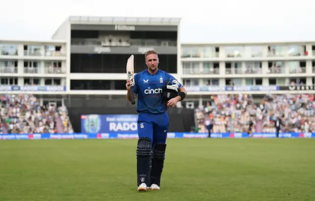 England's Liam Livingstone raises his bat to the Ageas Bowl crowd after making 95 not out against New Zealand