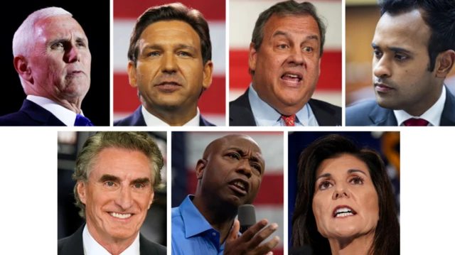 Top row from left: Mike Pence, Ron DeSantis, Chris Christie, Vivek Ramaswamy.  Bottom row from left: Doug Burgum, Tim Scott, Nikki Haley. Getty/Reuters/EPA