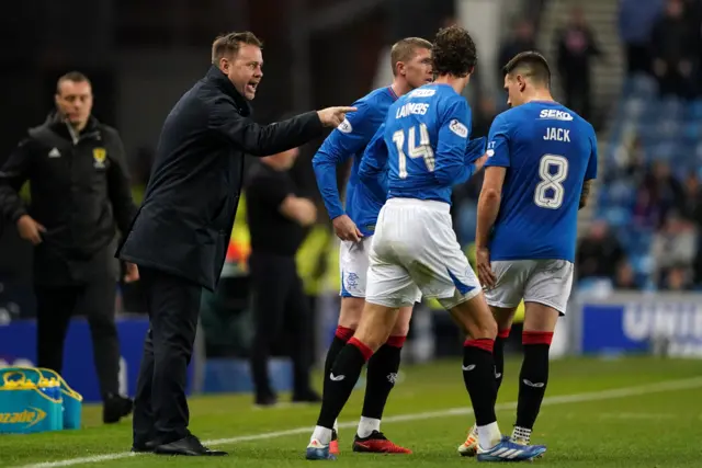 Michael Beale speaks to his Rangers players