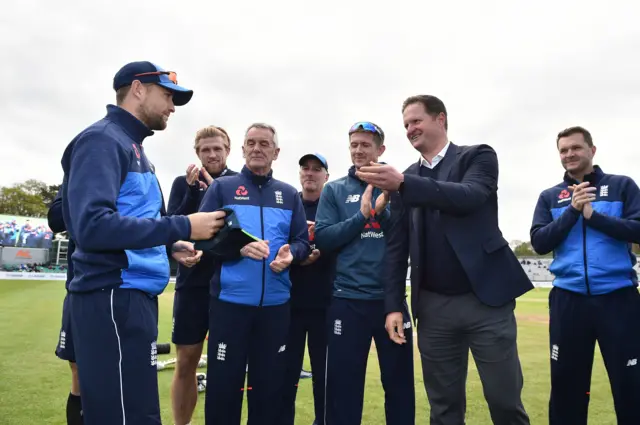 England's Dawid Malan receives his one-day international cap from Rob Key before his debut against Ireland