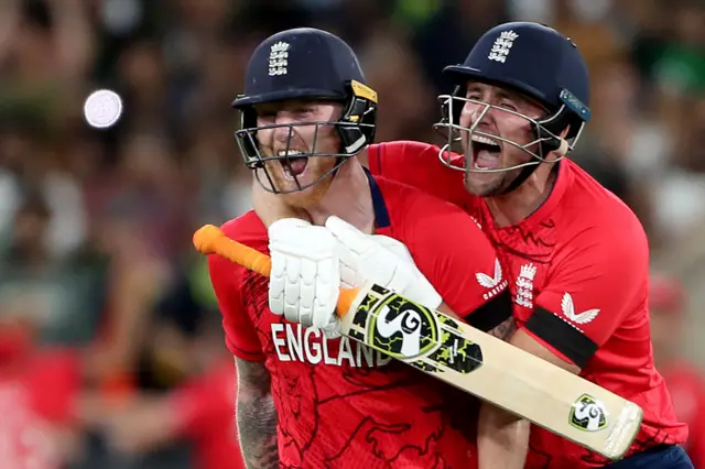 England's Liam Livingstone celebrates with Ben Stokes after winning the T20 World Cup against Pakistan in 2022