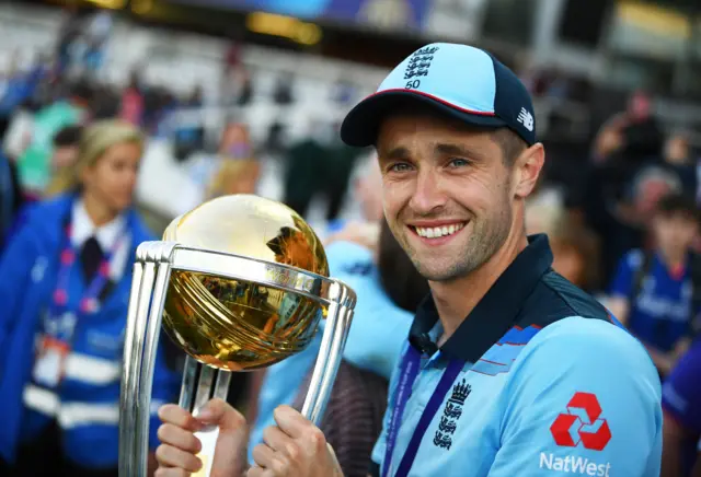 England's Chris Woakes celebrates winning the 2019 World Cup