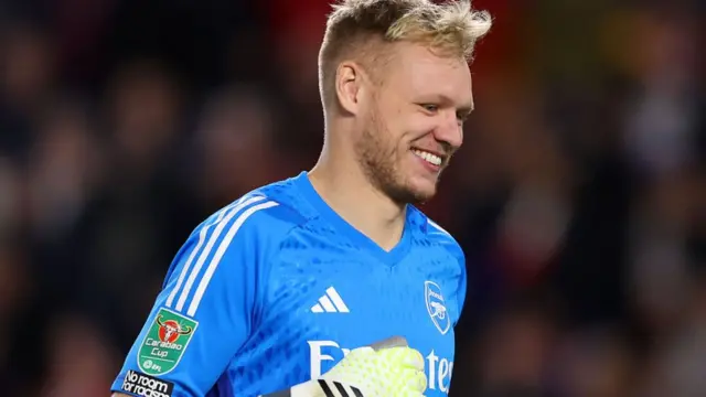 Aaron Ramsdale reacts as Arsenal play Brentford in the EFL Cup