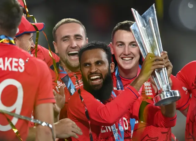 England's Adil Rashid celebrates winning the 2022 T20 World Cup