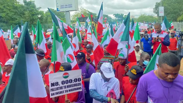 Members of the Nigerian Labour Union, holding flags and placards, march during a protest against fuel price hikes and rising costs, in Abuja, Nigeria August 2, 2023.