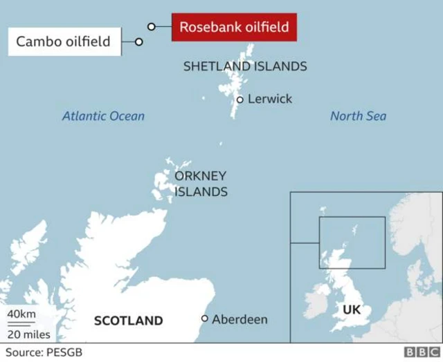 BBC graphic shows the location of Rosebank oil field, relatively close to the Shetland Islands off the coast of Scotland