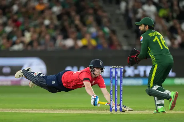 England's Harry Brook dives to make his ground in the T20 World Cup final against Pakistan in 2022