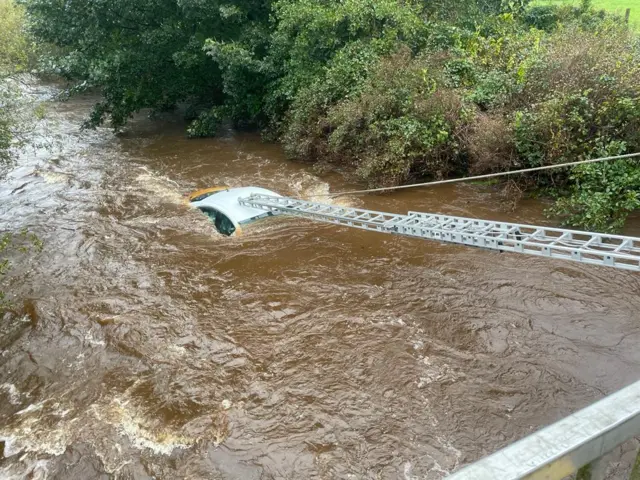 Car and the ladder used to rescue the driver