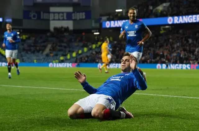 Ridvan Yilmaz celebrates scoring for Rangers