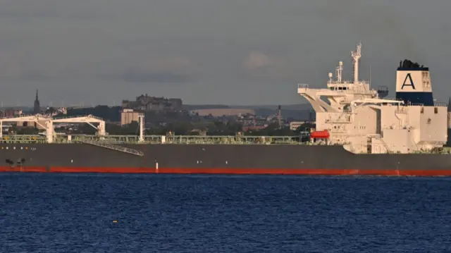 Oil tanker in ther Firth of Forth, with Edinburgh castle in the background