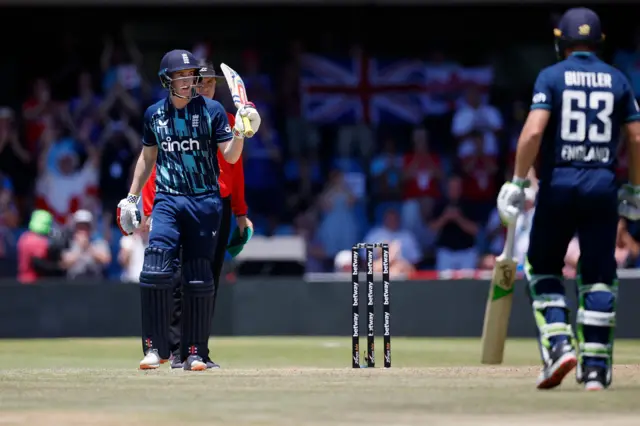 England's Harry Brook celebrates his half-century against South Africa in the second one-day international at Mangaung Oval in Bloemfontein