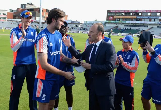 England's Reece Topley is presented with his one-day international cap by Nasser Hussain