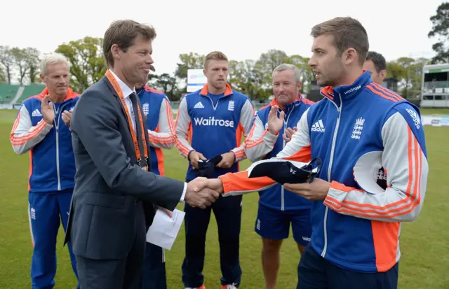 England's Mark Wood is presented with his ODI cap ahead of his debut against Ireland in 2015