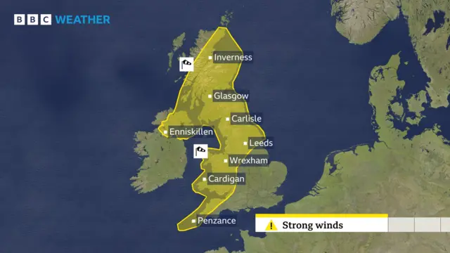 Map showing weather warnings across UK during Storm Agnes