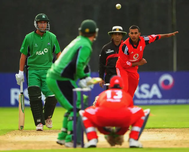 England's Adil Rashid bowls at Ireland's Paul Stirling on his one-day international debut on 27 August 2009