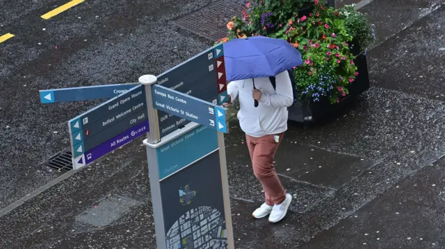 Person using umbrella in Belfast ahead of Storm Agnes