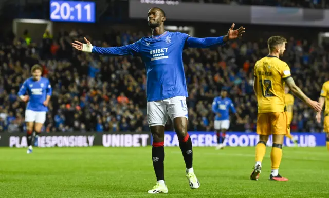 Abdallah Sima celebrates after scoring for Rangers against Livingston