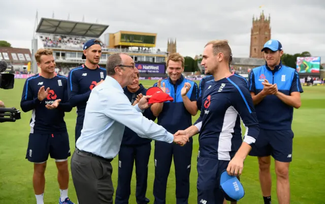 England's Liam Livingstone receives his T20 cap from David Lloyd