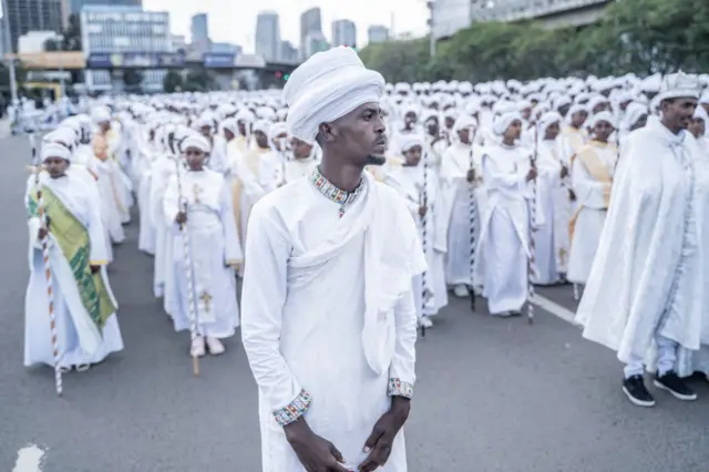 An Orthodox deacon looks on during the celebrations of the Ethiopian Orthodox holiday of Meskel in Addis Ababa on September 27, 2023.