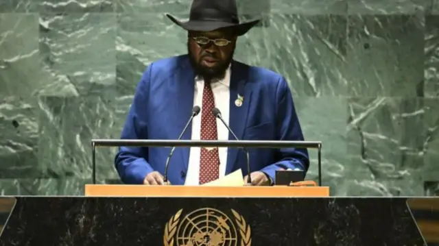 South Sudan President Salva Kiir addresses the 78th United Nations General Assembly at UN headquarters in New York City on September 21, 2023.