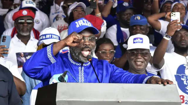 Liberian President George Weah, the candidate of the governing Coalition for Democratic (CDC) party addresses supporters during official launch of re-election campaign at the Antoinette Tubman Stadium in Monrovia, Liberia, 07 September 2023.