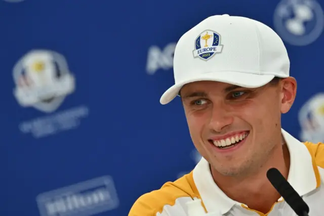 Ludvig Aberg smiles during a Team Europe news conference at the 2023 Ryder Cup