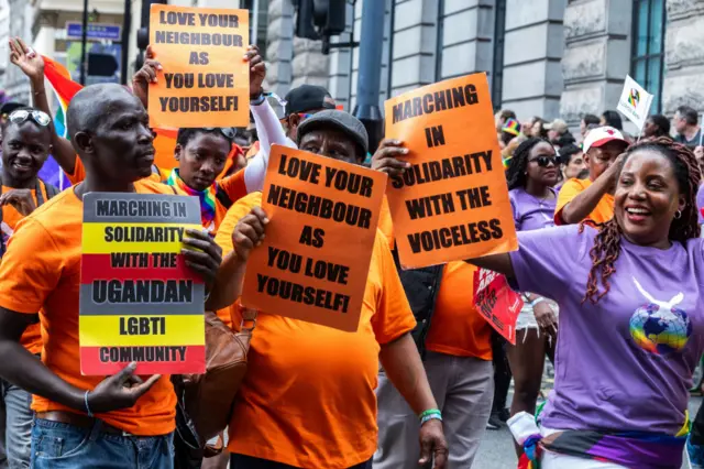 Representatives of Rainbows Across Borders take part in the Pride in London parade on 1 July 2023 in London, United Kingdom. Over a million people watched the 51st annual Pride parade in which an estimated 30,000 people took part from over 600 organisations including many LGBT+ community groups.