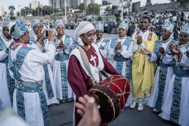 Members of an Orthodox choir sing during the celebrations of the Ethiopian Orthodox holiday of Meskel in Addis Ababa