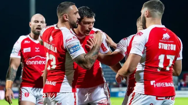 Hull KR players celebrate a try against Leigh in the play-off eliminator